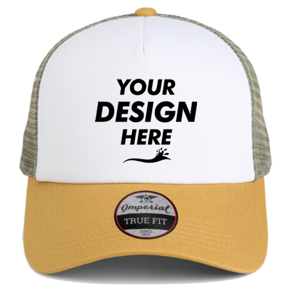 Imperial North Country Trucker Cap, White / Wheat / Elmwood, Front view, Mockup