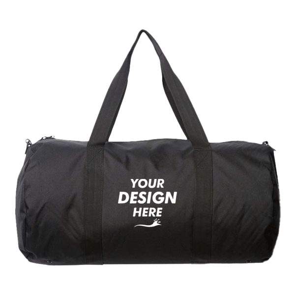 Independent Trading Co. 29L Day Tripper Duffel Bag, Black / Black, Front view, Mockup