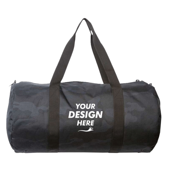 Independent Trading Co. 29L Day Tripper Duffel Bag, Black Camo / Black Camo, Front view, Mockup