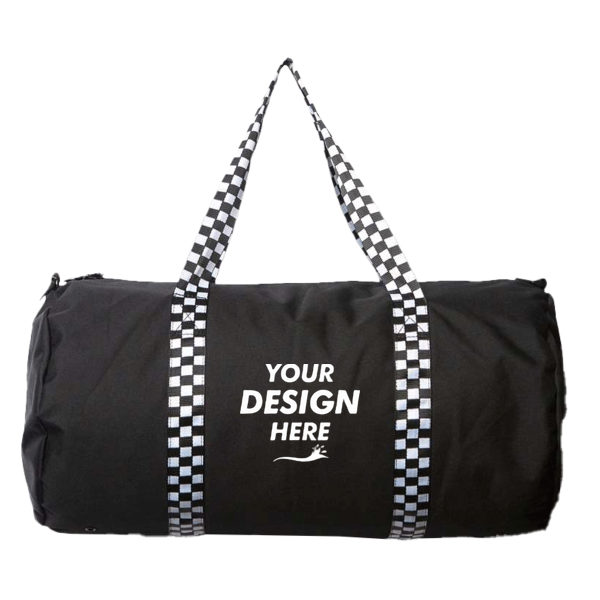 Independent Trading Co. 29L Day Tripper Duffel Bag, Black / Checker Strap, Front view, Mockup