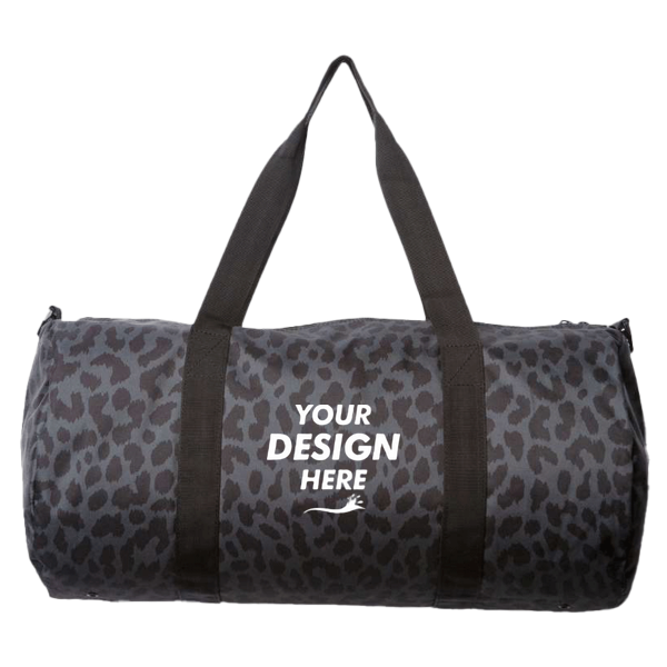 Independent Trading Co. 29L Day Tripper Duffel Bag, Black Cheetah / Black Cheetah, Front view, Mockup