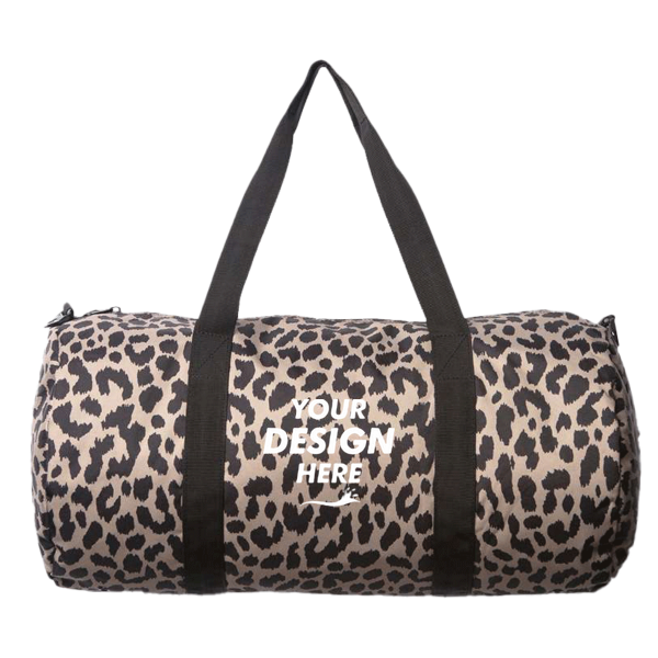 Independent Trading Co. 29L Day Tripper Duffel Bag, Cheetah / Cheetah, Front view, Mockup