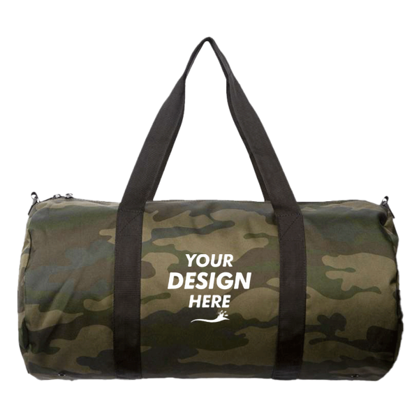 Independent Trading Co. 29L Day Tripper Duffel Bag, Forest Camo / Forest Camo, Front view, Mockup