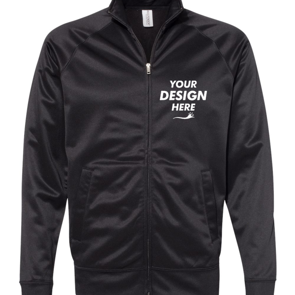 Independent Trading Co. Men's Lightweight Poly-Tech Full-Zip Track Jacket, Black / Black, Front view, Mockup