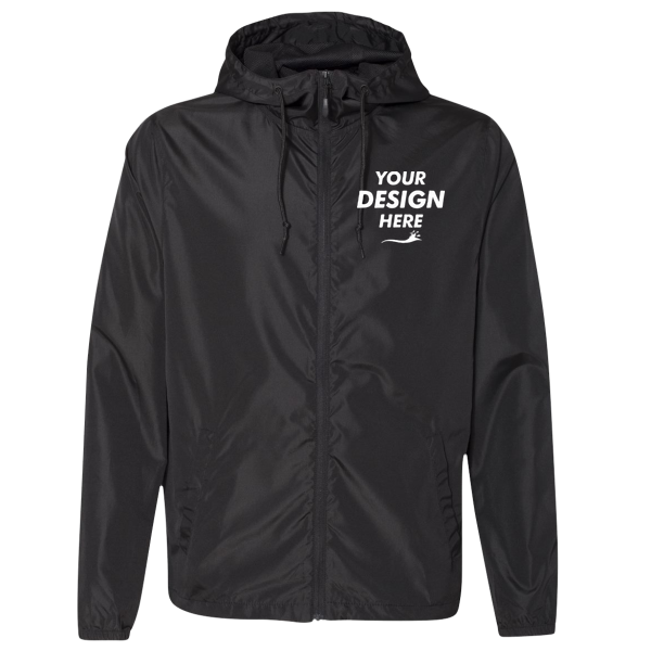 Independent Trading Co. Men's Lightweight Windbreaker Full-Zip Jacket, Black / Black / Black, Front view, Mockup