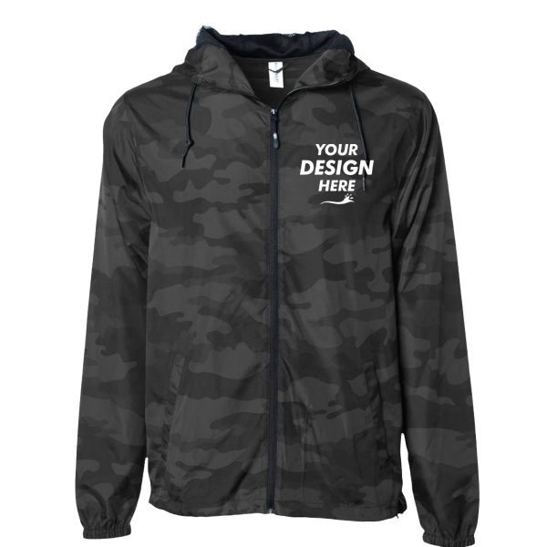 Independent Trading Co. Men's Lightweight Windbreaker Full-Zip Jacket, Black Camo / Black Camo / Black Camo, Front view, Mockup