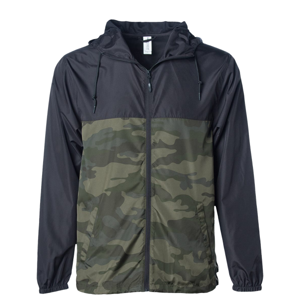 Independent Trading Co. Men's Lightweight Windbreaker Full-Zip Jacket, Black / Forest Camo / Forest Camo, Front view