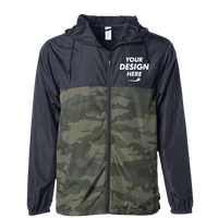 Independent Trading Co. Men's Lightweight Windbreaker Full-Zip Jacket, Black / Forest Camo / Forest Camo, Front view, Mockup