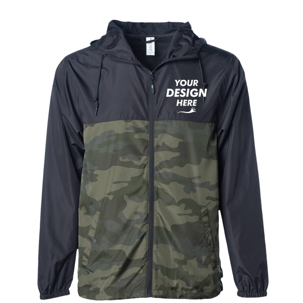 Independent Trading Co. Men's Lightweight Windbreaker Full-Zip Jacket, Black / Forest Camo / Forest Camo, Front view, Mockup