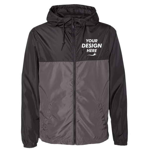 Independent Trading Co. Men's Lightweight Windbreaker Full-Zip Jacket, Black / Graphite / Graphite, Front view, Mockup