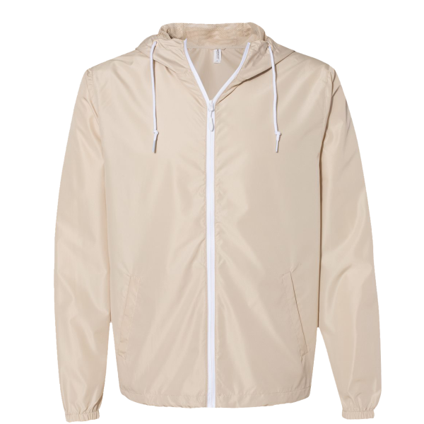 Independent Trading Co. Men's Lightweight Windbreaker Full-Zip Jacket, Classic Khaki / White Zipper / White Zipper, Front view
