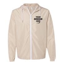 Independent Trading Co. Men's Lightweight Windbreaker Full-Zip Jacket, Classic Khaki / White Zipper / White Zipper, Front view, Mockup