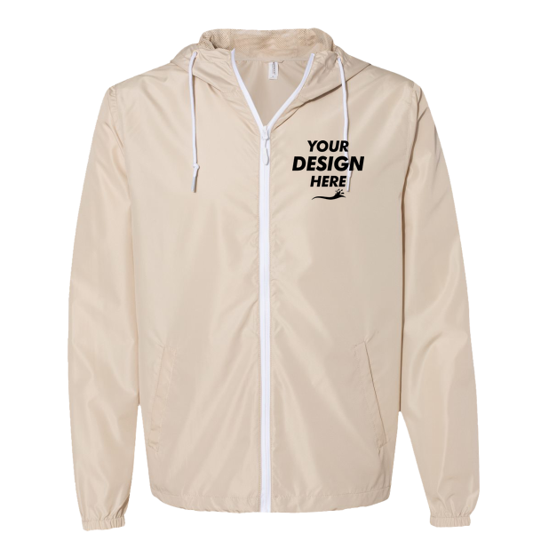 Independent Trading Co. Men's Lightweight Windbreaker Full-Zip Jacket, Classic Khaki / White Zipper / White Zipper, Front view, Mockup