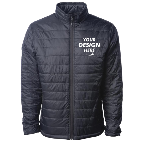 Independent Trading Co. Men's Puffer Jacket, Black, Front view, Mockup