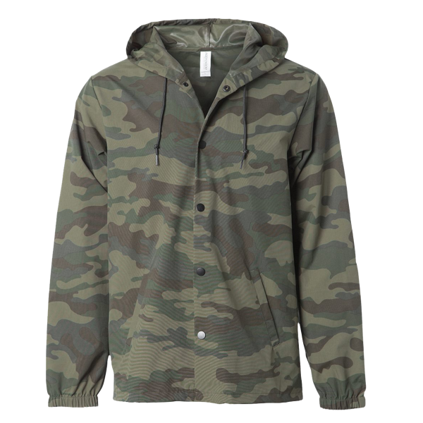 Independent Trading Co. Men's Water-Resistant Hooded Windbreaker, Forest Camo / Forest Camo, Front view