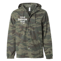 Independent Trading Co. Men's Water-Resistant Hooded Windbreaker, Forest Camo / Forest Camo, Front view, Mockup