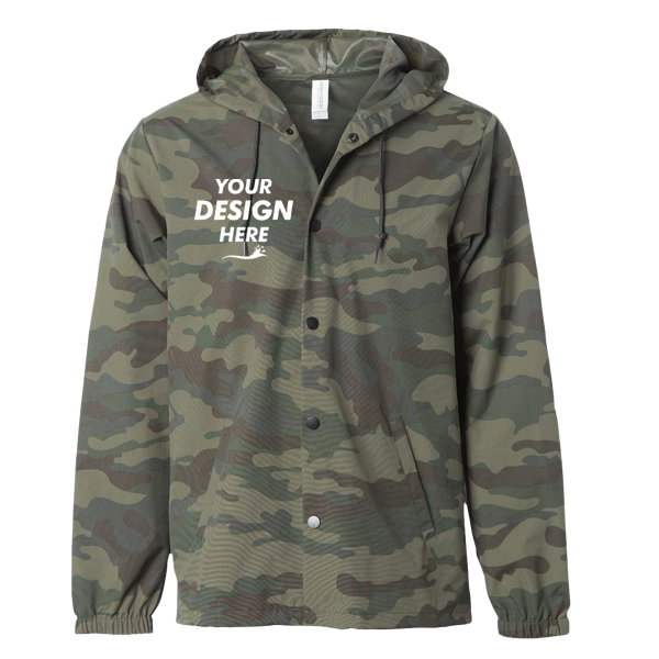 Independent Trading Co. Men's Water-Resistant Hooded Windbreaker, Forest Camo / Forest Camo, Front view, Mockup