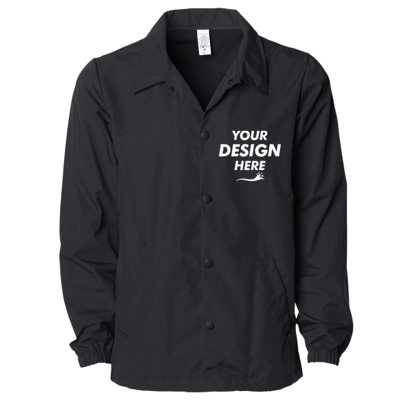Independent Trading Co. Men's Water-Resistant Windbreaker Coach’s Jacket, Black / Black, Front view, Mockup