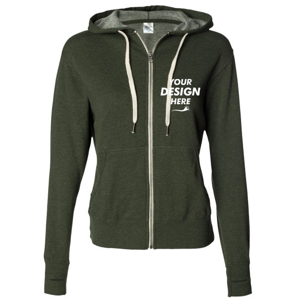 Independent Trading Co. Unisex Heathered French Terry Full-Zip Hooded Sweatshirt, Olive Heather / Olive Heather, Front view, Mockup