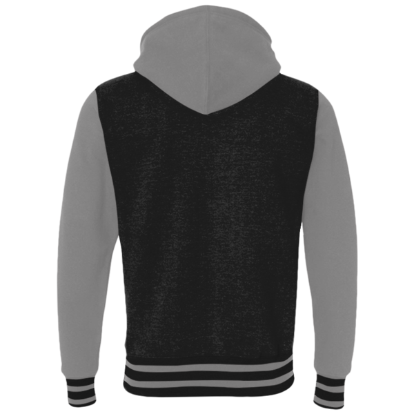 Independent Trading Co. Unisex Heavyweight Varsity Full-Zip Hooded Sweatshirt, Black / Gunmetal Heather, Back view