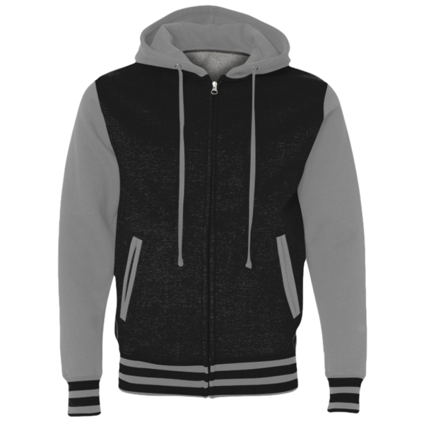 Independent Trading Co. Unisex Heavyweight Varsity Full-Zip Hooded Sweatshirt, Black / Gunmetal Heather, Front view