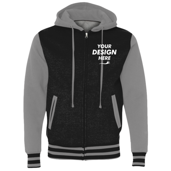 Independent Trading Co. Unisex Heavyweight Varsity Full-Zip Hooded Sweatshirt, Black / Gunmetal Heather, Front view, Mockup