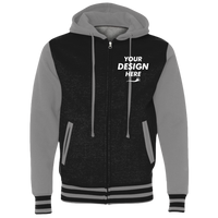 Independent Trading Co. Unisex Heavyweight Varsity Full-Zip Hooded Sweatshirt, Black / Gunmetal Heather, Front view, Mockup