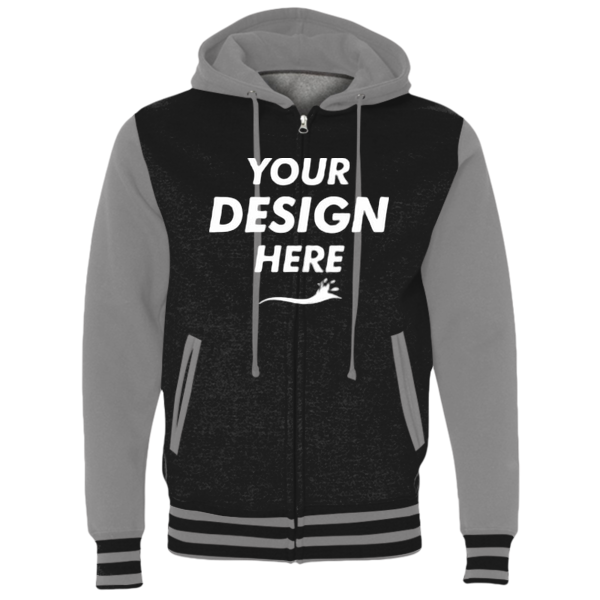 Independent Trading Co. Unisex Heavyweight Varsity Full-Zip Hooded Sweatshirt, Black / Gunmetal Heather, Front view, Mockup