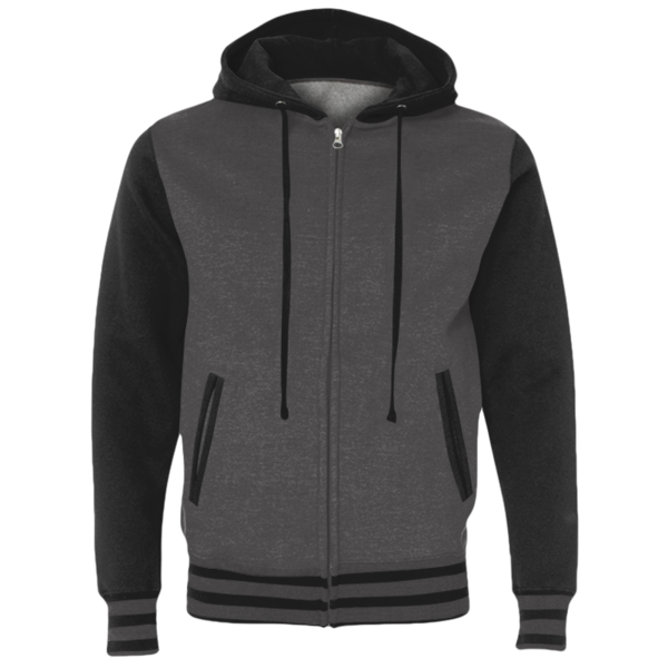 Independent Trading Co. Unisex Heavyweight Varsity Full-Zip Hooded Sweatshirt, Charcoal Heather / Black, Front view