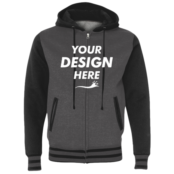 Independent Trading Co. Unisex Heavyweight Varsity Full-Zip Hooded Sweatshirt, Charcoal Heather / Black, Front view, Mockup
