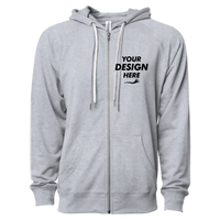 Independent Trading Co. Unisex Icon Lightweight Loopback Terry Full-Zip Hooded Sweatshirt, Athletic Heather, Front view, Mockup