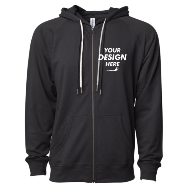 Independent Trading Co. Unisex Icon Lightweight Loopback Terry Full-Zip Hooded Sweatshirt, Black, Front view, Mockup
