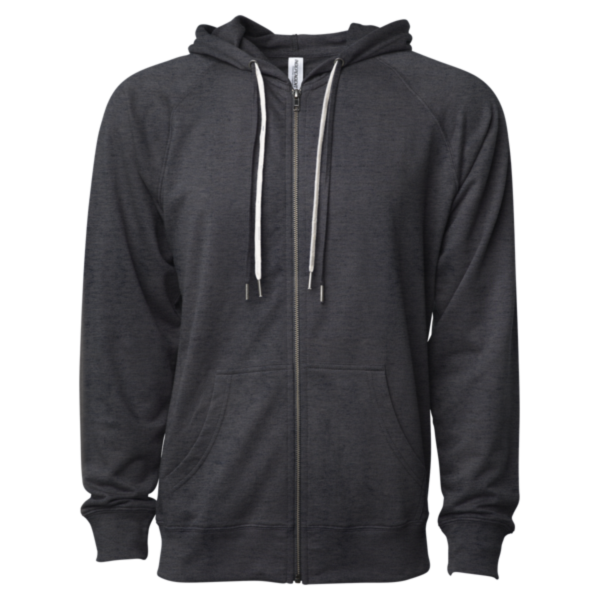 Independent Trading Co. Unisex Icon Lightweight Loopback Terry Full-Zip Hooded Sweatshirt, Charcoal Heather, Front view