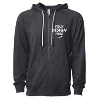 Independent Trading Co. Unisex Icon Lightweight Loopback Terry Full-Zip Hooded Sweatshirt, Charcoal Heather, Front view, Mockup