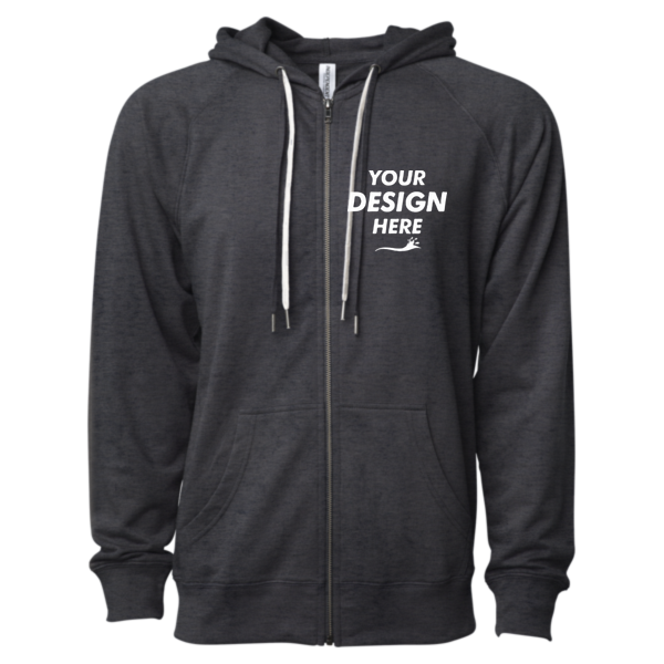 Independent Trading Co. Unisex Icon Lightweight Loopback Terry Full-Zip Hooded Sweatshirt, Charcoal Heather, Front view, Mockup