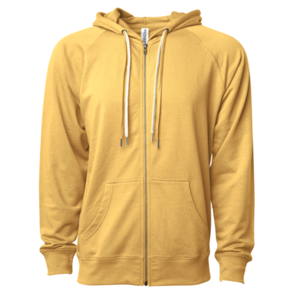 Independent Trading Co. Unisex Icon Lightweight Loopback Terry Full-Zip Hooded Sweatshirt, Harvest Gold, Front view