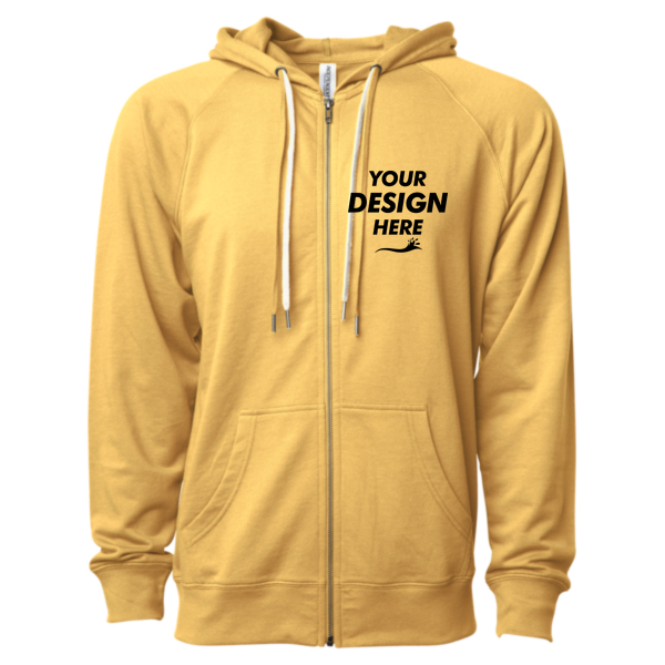 Independent Trading Co. Unisex Icon Lightweight Loopback Terry Full-Zip Hooded Sweatshirt, Harvest Gold, Front view, Mockup