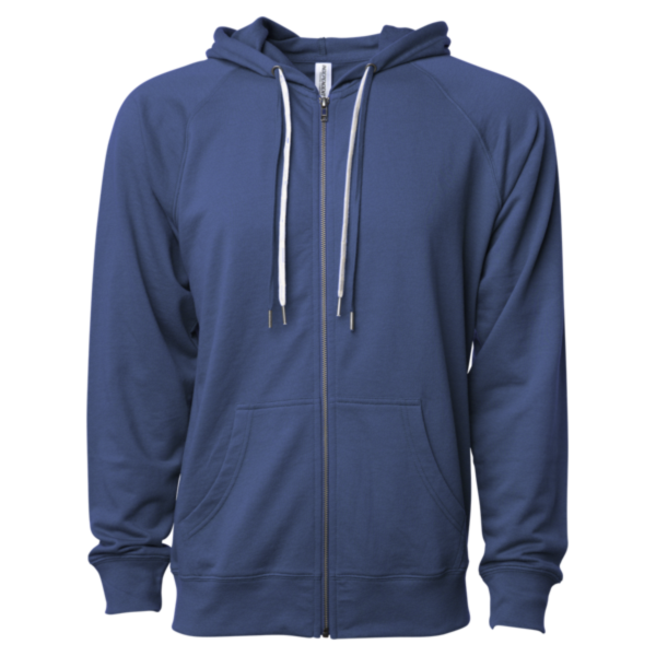 Independent Trading Co. Unisex Icon Lightweight Loopback Terry Full-Zip Hooded Sweatshirt, Indigo, Front view
