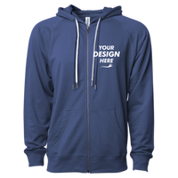 Independent Trading Co. Unisex Icon Lightweight Loopback Terry Full-Zip Hooded Sweatshirt, Indigo, Front view, Mockup