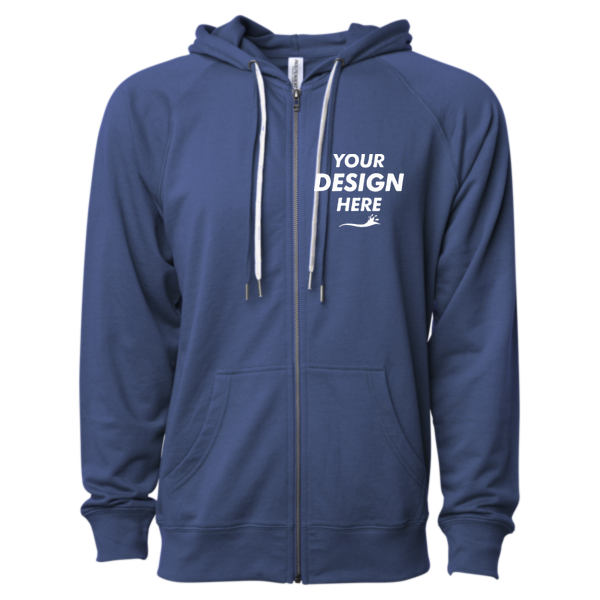 Independent Trading Co. Unisex Icon Lightweight Loopback Terry Full-Zip Hooded Sweatshirt, Indigo, Front view, Mockup