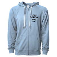 Independent Trading Co. Unisex Icon Lightweight Loopback Terry Full-Zip Hooded Sweatshirt, Misty Blue, Front view, Mockup