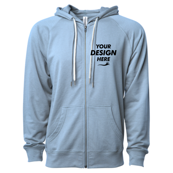Independent Trading Co. Unisex Icon Lightweight Loopback Terry Full-Zip Hooded Sweatshirt, Misty Blue, Front view, Mockup