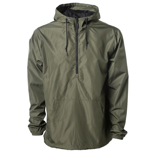 Independent Trading Co. Unisex Lightweight Quarter-Zip Windbreaker Pullover Jacket, Army / Black Zipper, Front view