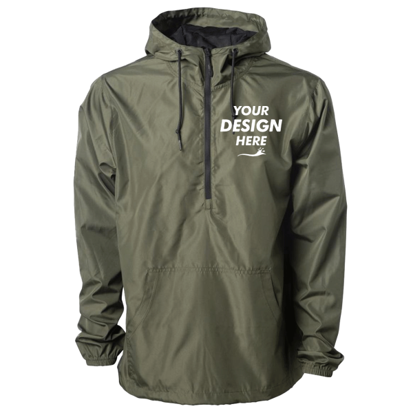 Independent Trading Co. Unisex Lightweight Quarter-Zip Windbreaker Pullover Jacket, Army / Black Zipper, Front view, Mockup