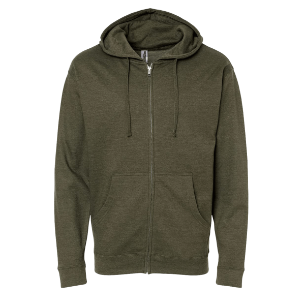 Independent Trading Co. Unisex Midweight Full-Zip Hooded Sweatshirt, Army Heather, Front view