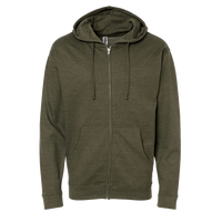 Independent Trading Co. Unisex Midweight Full-Zip Hooded Sweatshirt, Army Heather, Front view