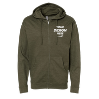 Independent Trading Co. Unisex Midweight Full-Zip Hooded Sweatshirt, Army Heather, Front view, Mockup