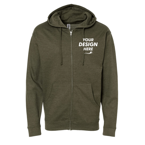 Independent Trading Co. Unisex Midweight Full-Zip Hooded Sweatshirt, Army Heather, Front view, Mockup