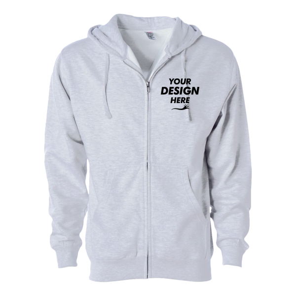 Independent Trading Co. Unisex Midweight Full-Zip Hooded Sweatshirt, Ash Heather, Front view, Mockup