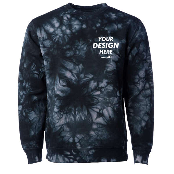 Independent Trading Co. Unisex Midweight Tie-Dyed Crewneck Sweatshirt, Tie Dye Black, Front view, Mockup